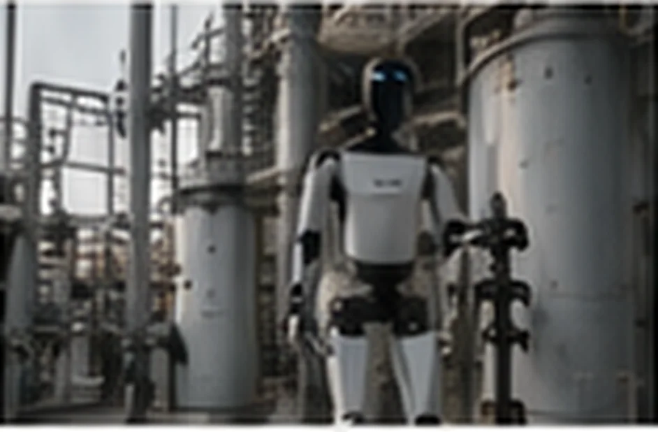 Concept of a humanoid robot walking through an industrial facility