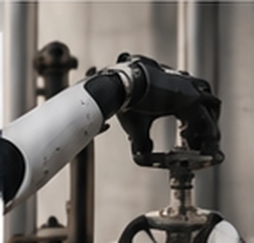 Robot hand positioned on an industrial valve